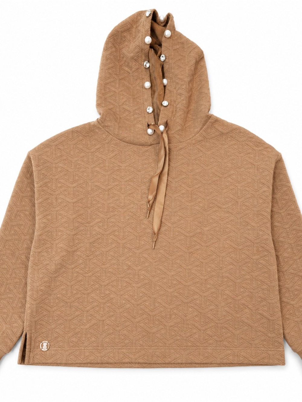 Brown Rhinestone Pearl Embellished Textured Pullover Hoodie fits approx L/XL